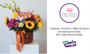 Colorful handcrafted floral arrangement in a traditional clay pot by The Lotus Floral Studio displayed with DealMagik branding.